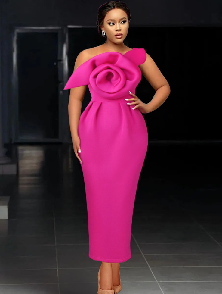 Schulterfreies Bodycon Kleid Elegant für Hochzeitsgäste in Pink Knöchellang