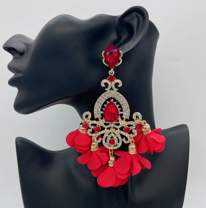 Kristall Luxus Strass Blume Vintage Braut Ohrringe Rot