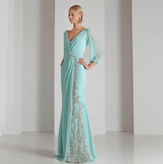 Langarm Kleid Elegant für Hochzeitsgäste in Mintgrün mit Laternenärmel und Stick