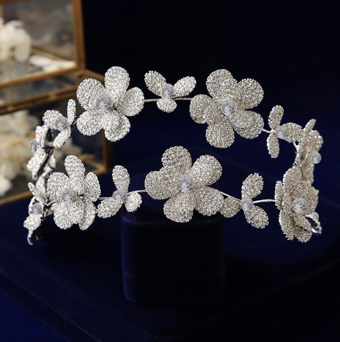 Doppel Layres Blume Braut Haarreif Diadem in Silber