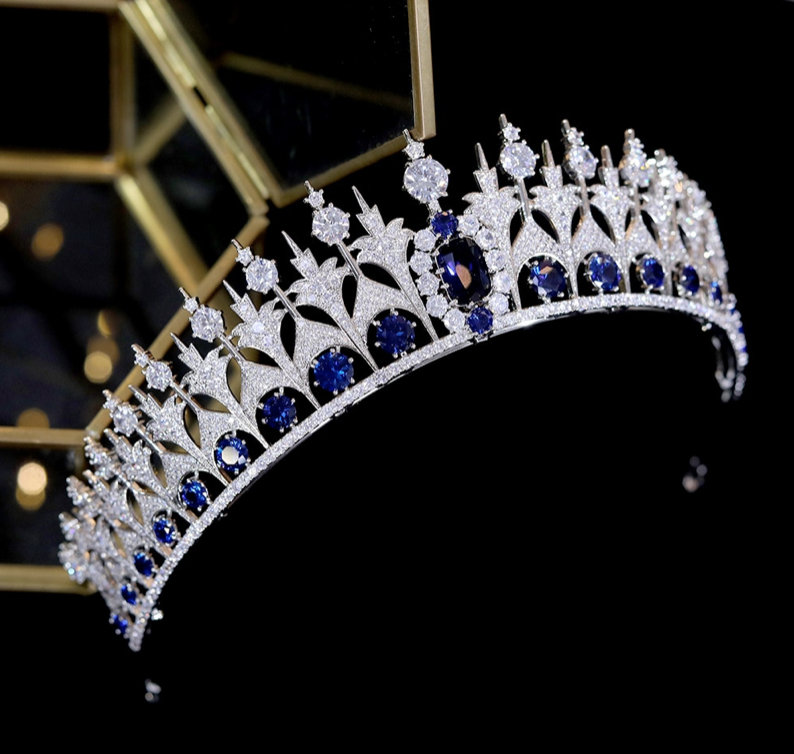 Königin Zirkonia Braut Krone Tiara Bea mit Blaue Steine