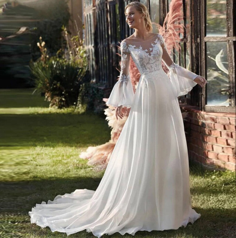 A Linie Boho Brautkleid Caro mit Laternenärmel und Spitze Romantisch