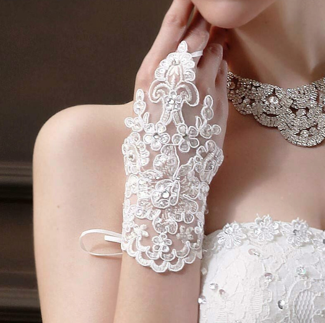 Braut Finger Handschuhe mit Pailletten Perlen Kurz