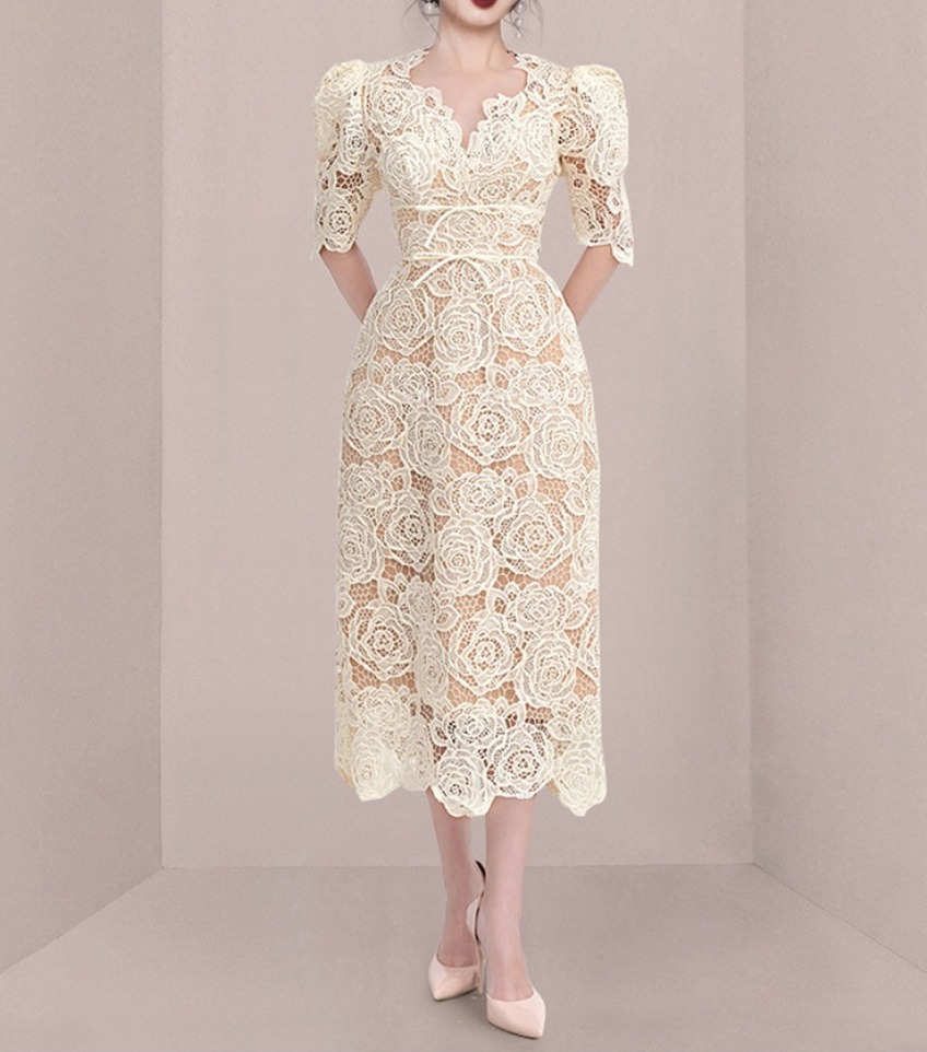 Vintage Style Standesamtkleid Dorothee Kurzarm mit Rosen Spitze Ivory
